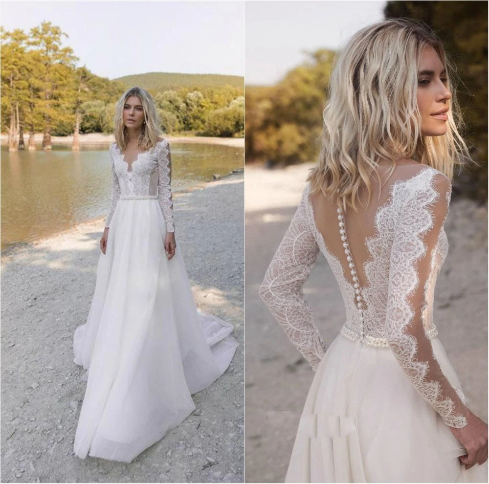 

2023 Boho Wedding Dress Long Sleeve A-Line Lace Appliques Tulle V-Neck Robe De Mariee Charming For Women Vintage Rustic Civil