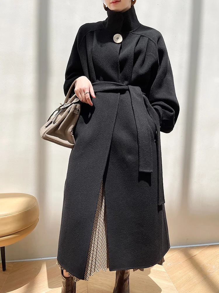 

Double sided cashmere coat women's high-end long knee A-line belt thickened Hepburn tweed coat in autumn and winter