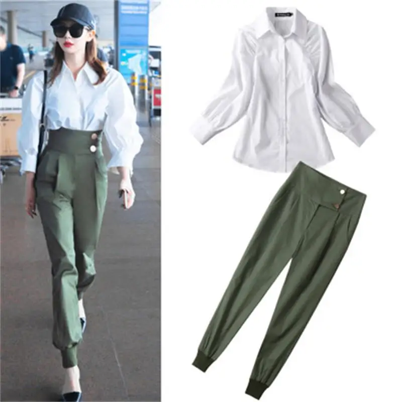 

Summer casual Loose white shirt suit fashion army green high waist overalls casual pants women's Harem pants New fall