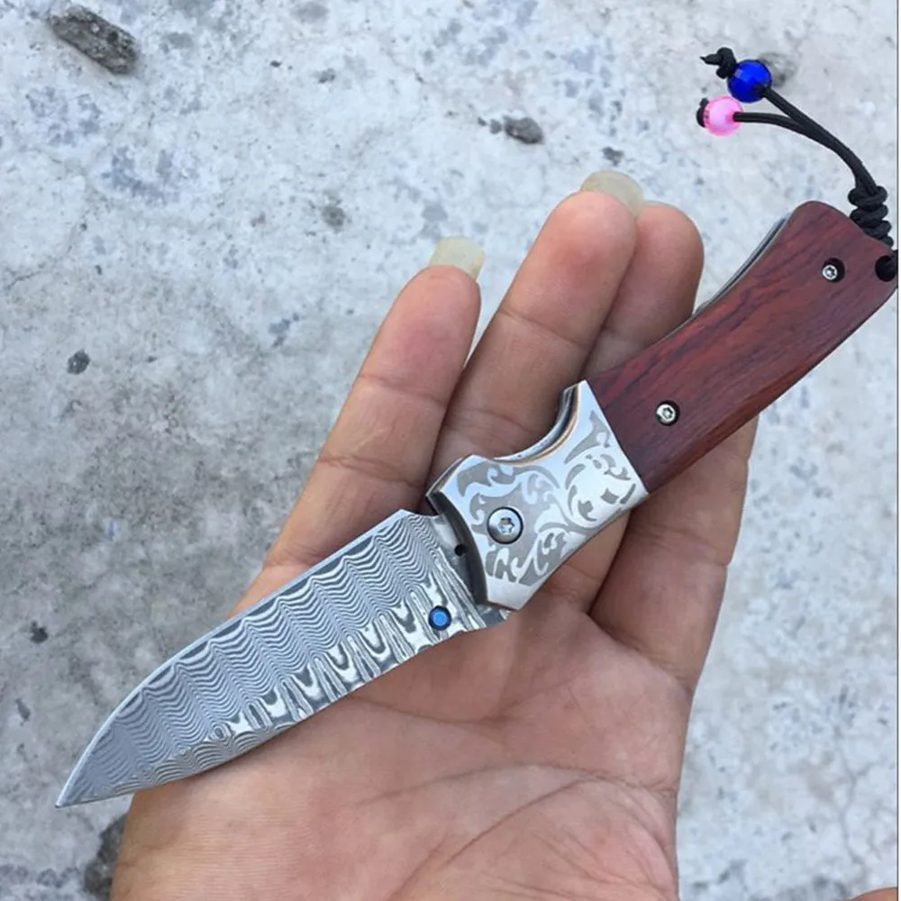 Складной нож дамасское лезвие желтая ручка из сандалового дерева выживание