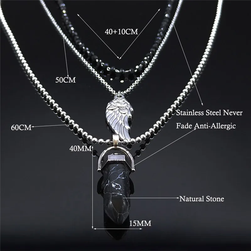 

3pcs Rose Wings StainlessSteel Natural Stone Layer Necklace Silver Bead Gothic Necklace Chain Jewelry collier femme NXS02