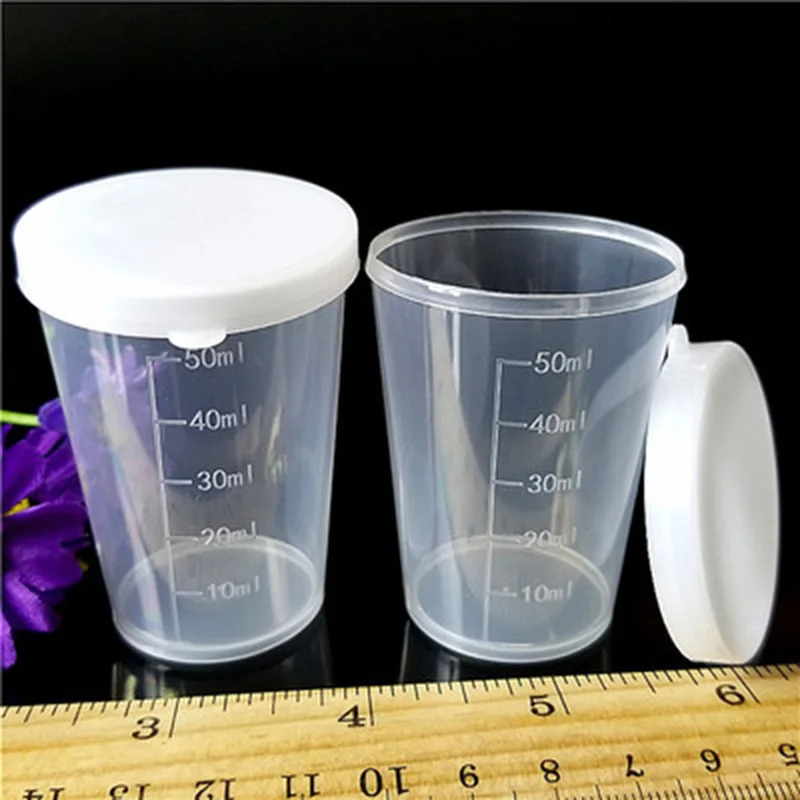 

10pcs Medicine Measuring Cup 50ml Plastic Measure Rice With Lid Clear Container