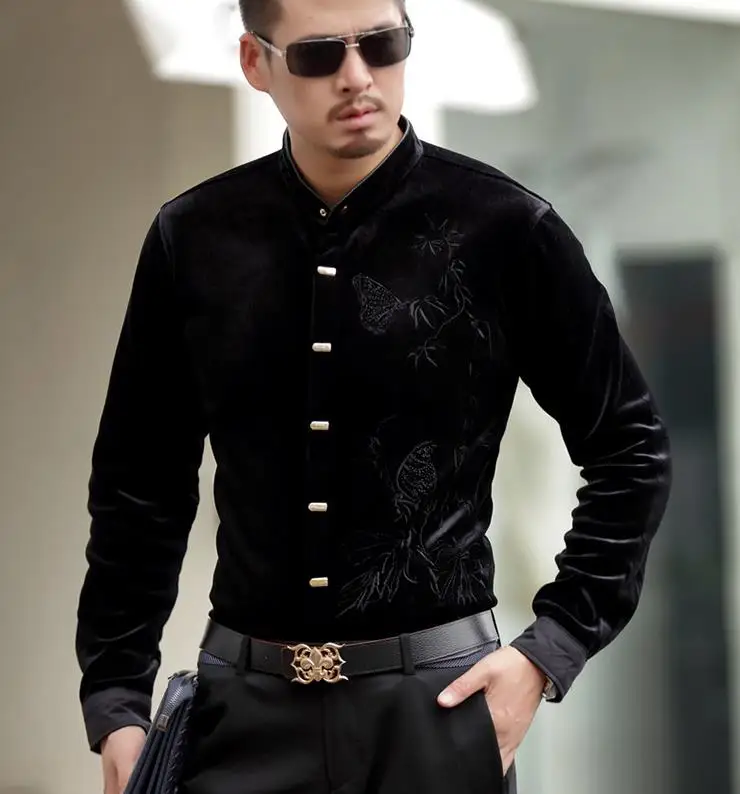 Роскошная модная мужская шелковая бархатная рубашка с длинным рукавом черного и