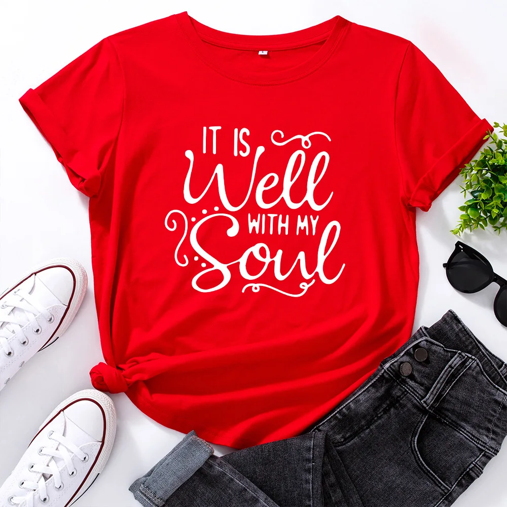 

JFUNCY Women's Cotton T-shirt Creative Letters Print Graphic Tees Female T Shirt Women Tops Plus Size Short Sleeve Casual Tshirt