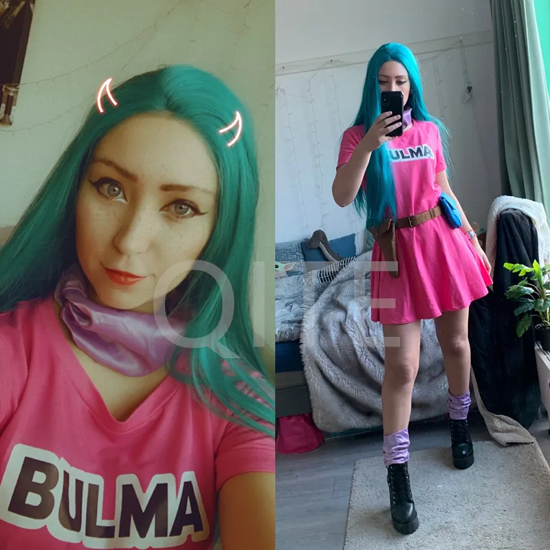 

Wig Bulma Cosplay Costume Yellow Dress with Scarf and Belt Pink Dress Halloween carnival