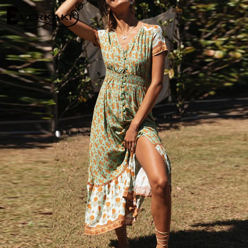 Everkaki Boho длинное женское платье с цветочным принтом летние платья свободные