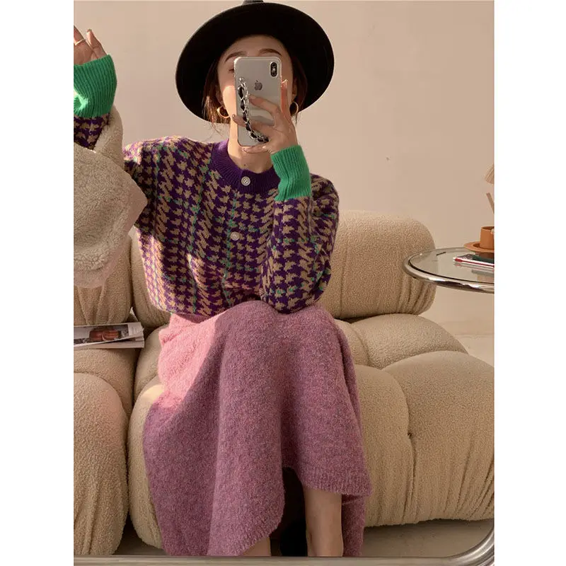 

2pcs set 2xl style japan fashion knitted two piece set Women winter set sweater+ Skirts Suits Solid Tops Vintage Skirt Sets