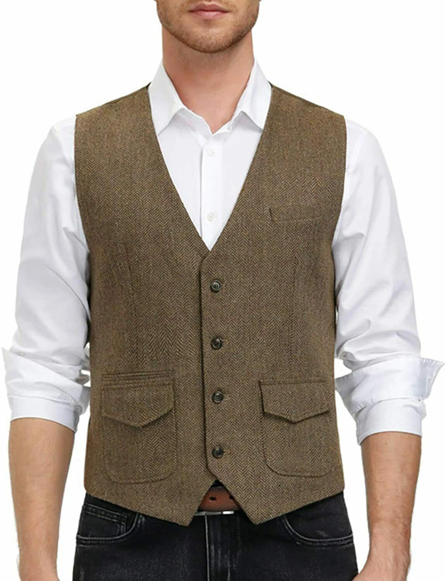 Men's Vest Brown Wool Herringbone V Neck Two Pockets Black Waistcoat Casual Formal Business Groomman For Wedding Dress 2021 | Мужская