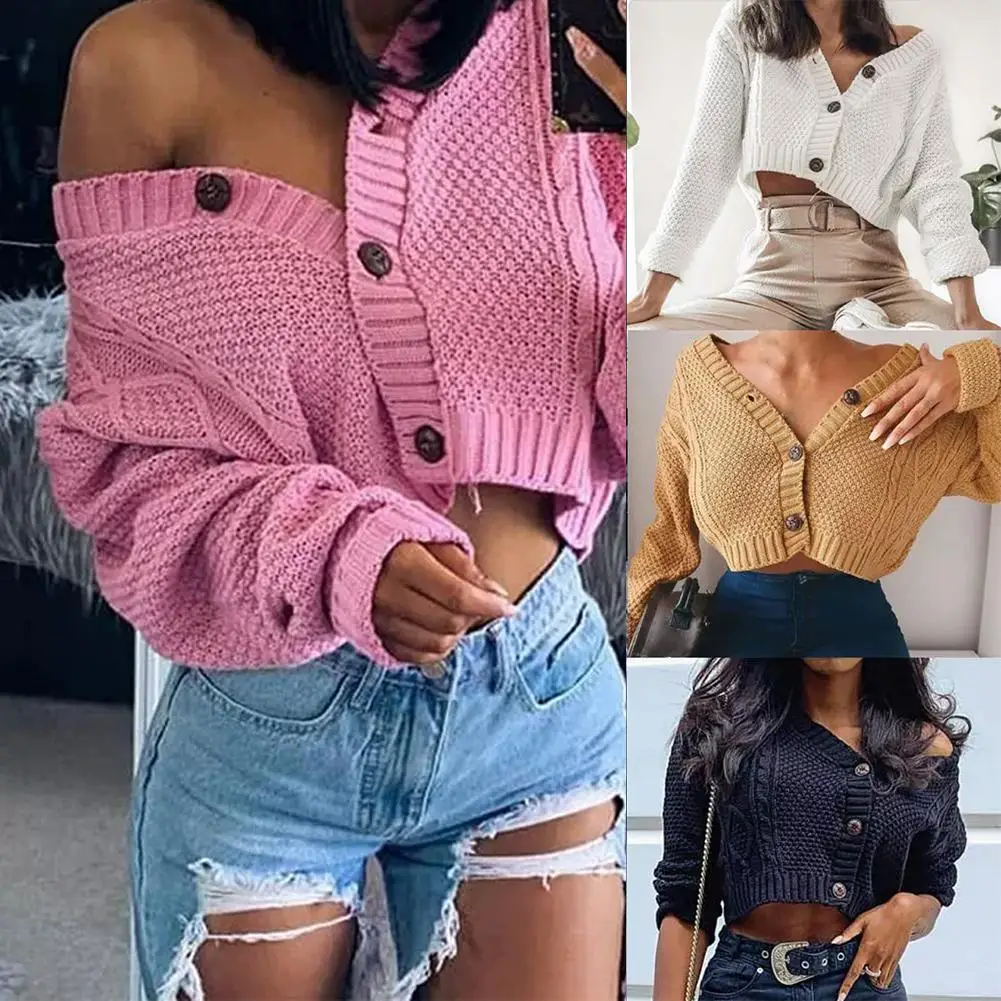 

Women Autumn Twist Knitted Short Jacket Loose Cropped Sweater Buttons Cardigan