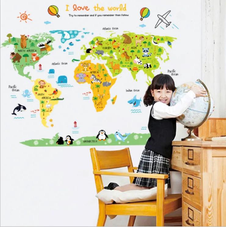 

7 Kinds Large World Map Wall Stickers Cartoon Map Home Decor for Kids Room Vinyl DIY Wall Decals Travel Round The World Sticker