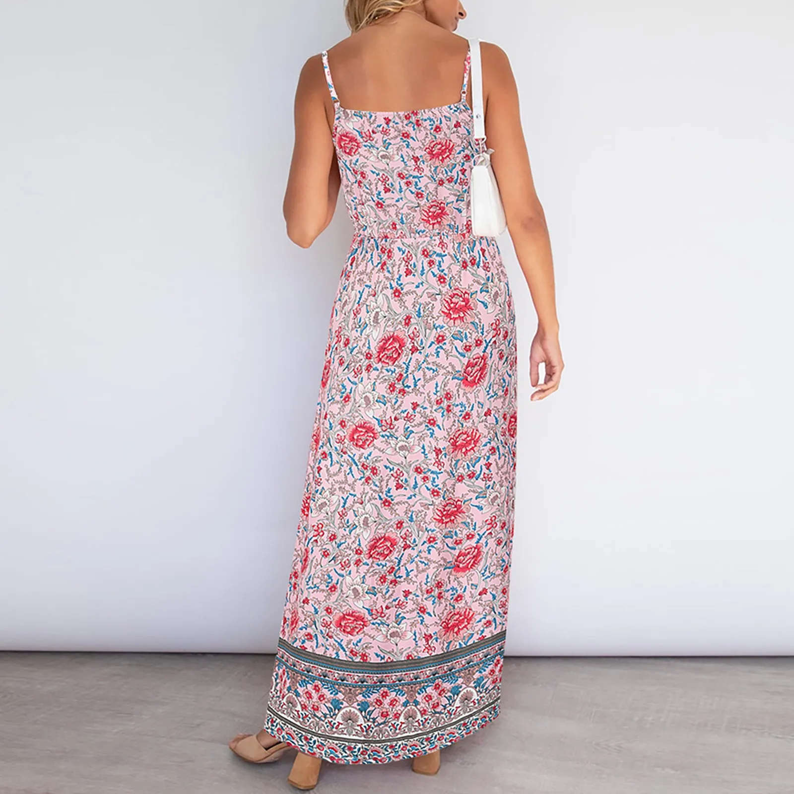

Fashion Summer Maxi Dress Women's Printed Sundress Casual Women's Printed V-neck Dress Split Long Dress With Suspenders Beach