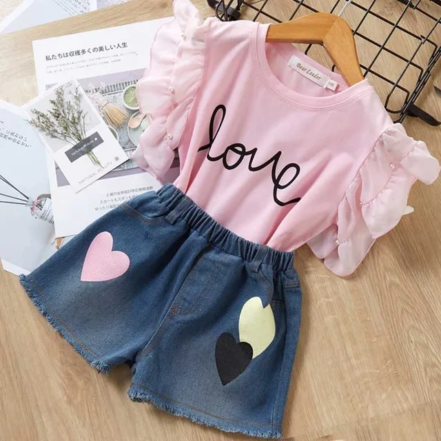 ax761 pink Рубашка и юбка на девочку Bear Leader, детский модный комплект из 2 предметов, с лямками и цветочным бантом, рубашка для маленьких девочек+ шорты в полоску - Цвет: ax761 pink