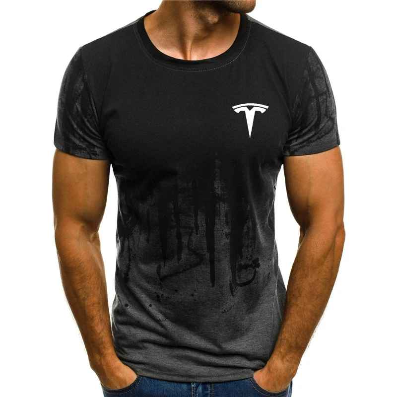 

Tesla logo 3d T-shirt round neck gradient letter printing fashion round neck short-sleeved T-shirt