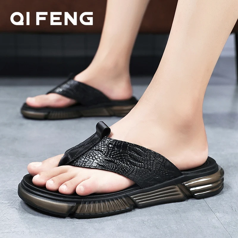 

2022 Summer Male Outside Slippers Beach Fashion Outdoor Sandal Flip Flops Slides Men Genuine Leather Slides Shoes Trendy Black
