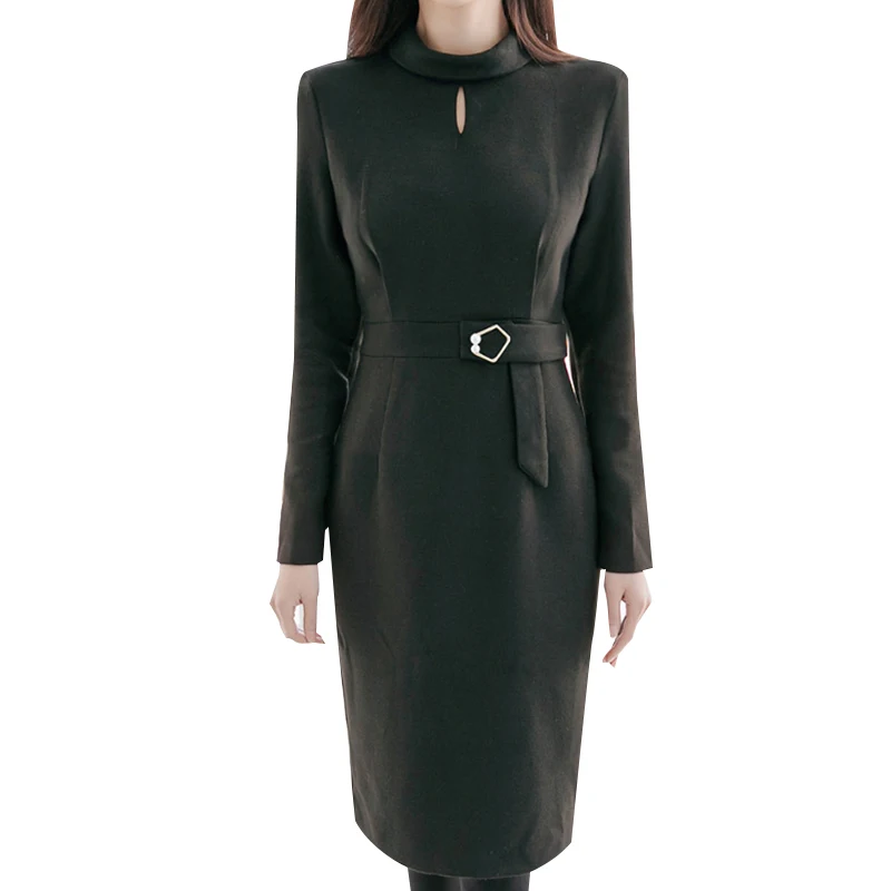 

COIGARSAM Full Sleeve Women dress New Spring Solid Dresses Black 853