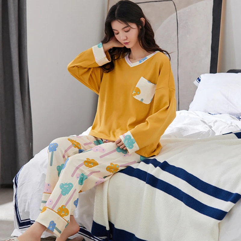 

CAIYIER New Autumn Winter Women Pajamas Set Cute Bear Print Casual Sleepwear Ladies Leisure Girls sweet casual Sleeping Suits