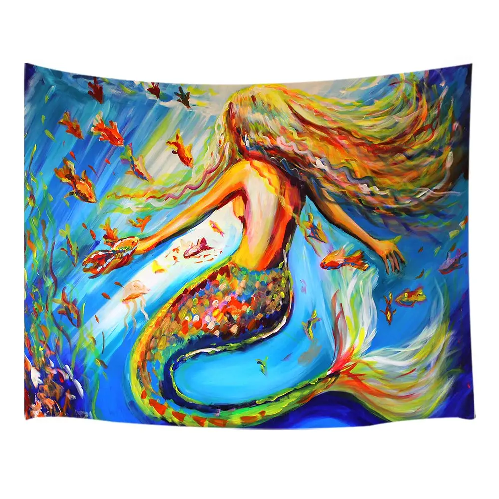 Гобелен в стиле русалки на стену ковер Фэнтези с изображением девушки и рыб