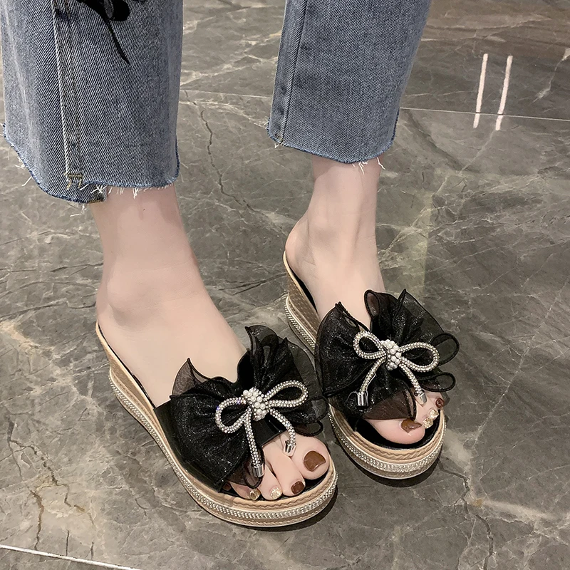 

House Slippers Platform Female Shoes Luxury Slides Women Heels On A Wedge Butterfly-Knot 2021 Designer High Summer Fashion Butte