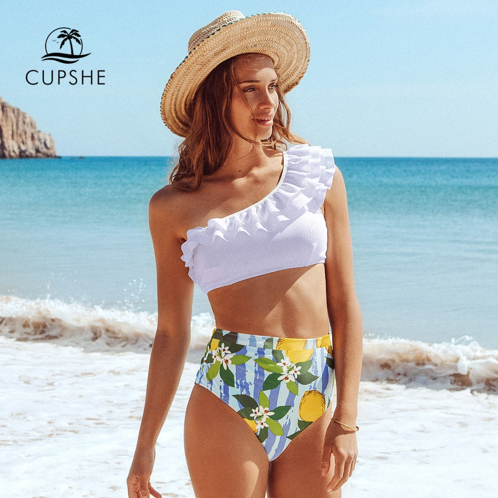 

CUPSHE белый с лимоном, на одно плечо, комплекты бикини, сексуальный купальник с высокой талией, два предмета, женский купальник бикини, 2022, купа...