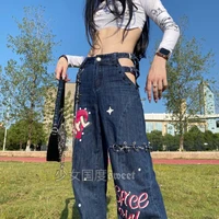 high waist chains hollow out wide leg denim pant jeans anime printing sweet hot girl loose cargo mopping jeans girls clothing