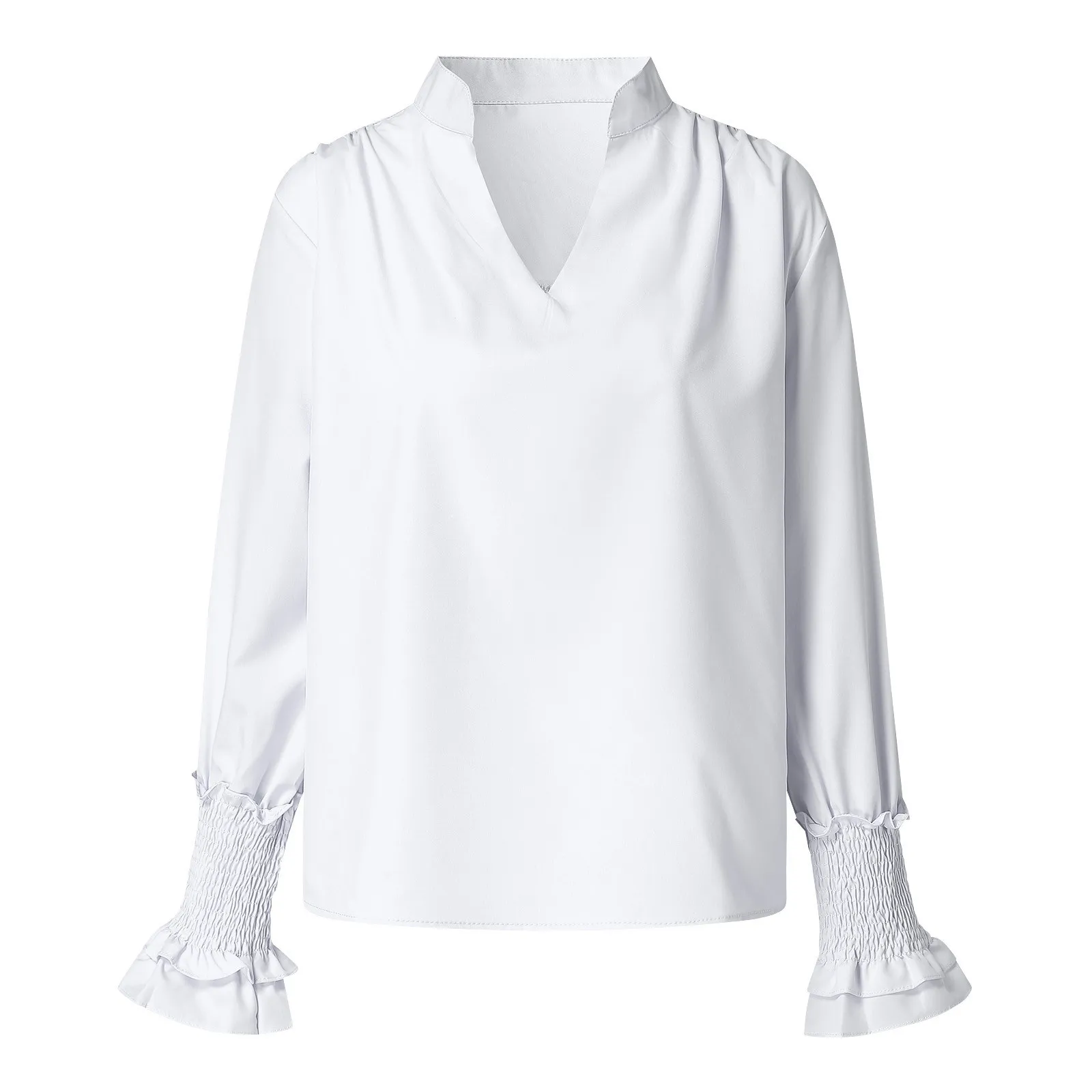 

Women's Solid Color Tightened Cuffs V-neck Roll-up Sleeve Casual Work Blouses