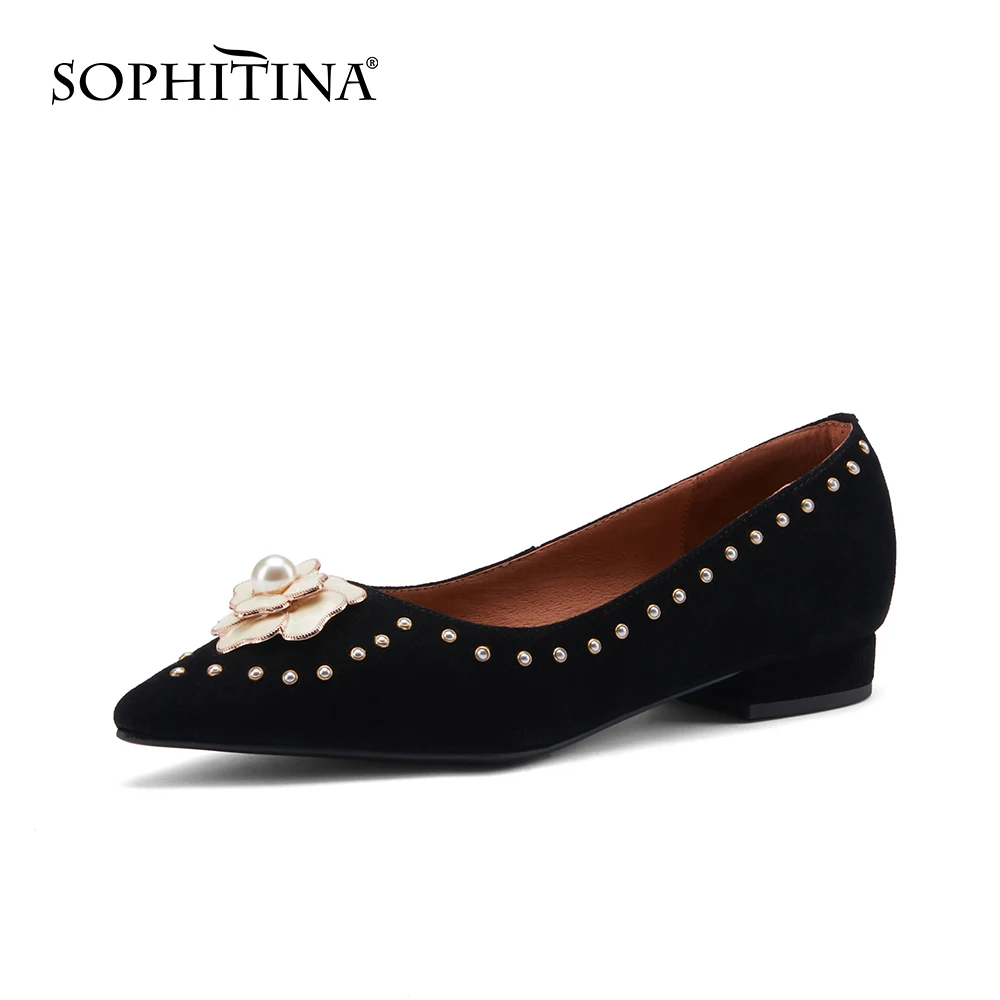 

SOPHITINA, украшенное стразами; Женские туфли-лодочки острый носок, женские туфли лодочки, замша, платье с цветочным узором, украшенное жемчужин...