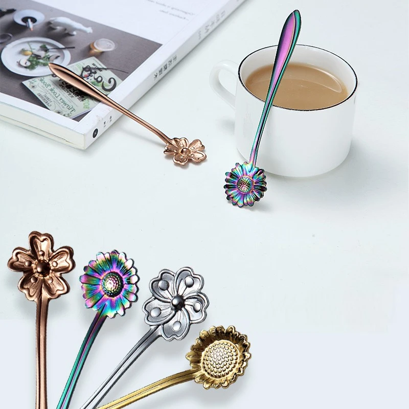 

4Pcs Flower Shaped Coffee Spoon Set Creative Dessert Spoon Stirring Spoon Tableware Dessert Cake Coffee Spoon Kitchen Tableware
