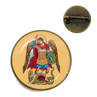 glass cabochon brooch archangel st michael protect me saint shield protection charm russian orhodox collar pins for holy gift