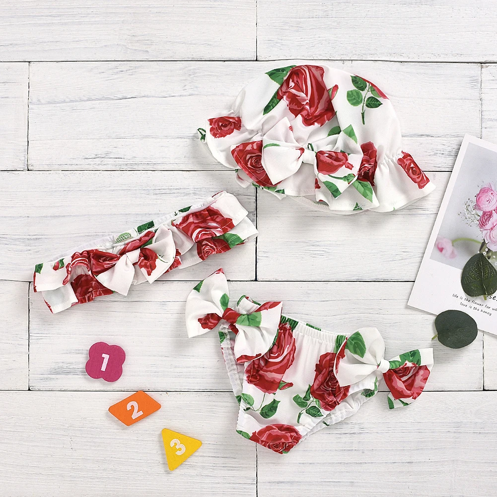 Летние милые Гофрированные Топы для маленьких девочек шапка купальник с бантом