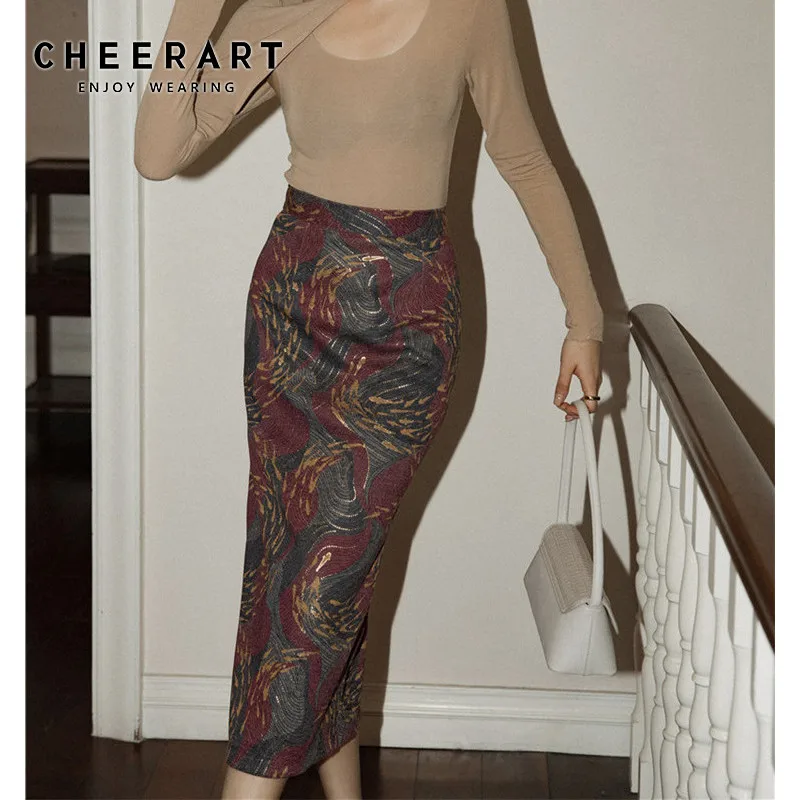 CHEERART Цветочная вышитая юбка Женская длинная облегающая с разрезом сзади женские