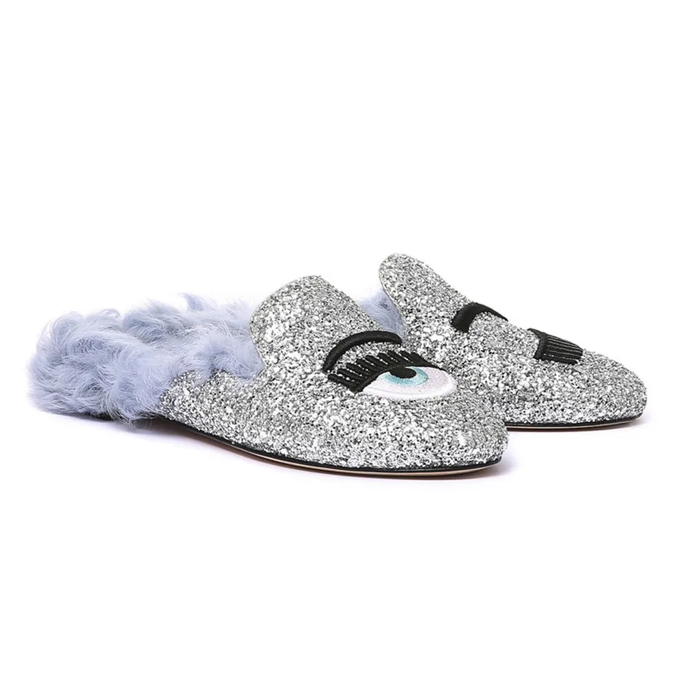 

OLOME Women Round Toe Sequins Bling Embroidery Mules Real Leather Rabbit Fur Backless Slipper Princetown Shoes Warm Winter