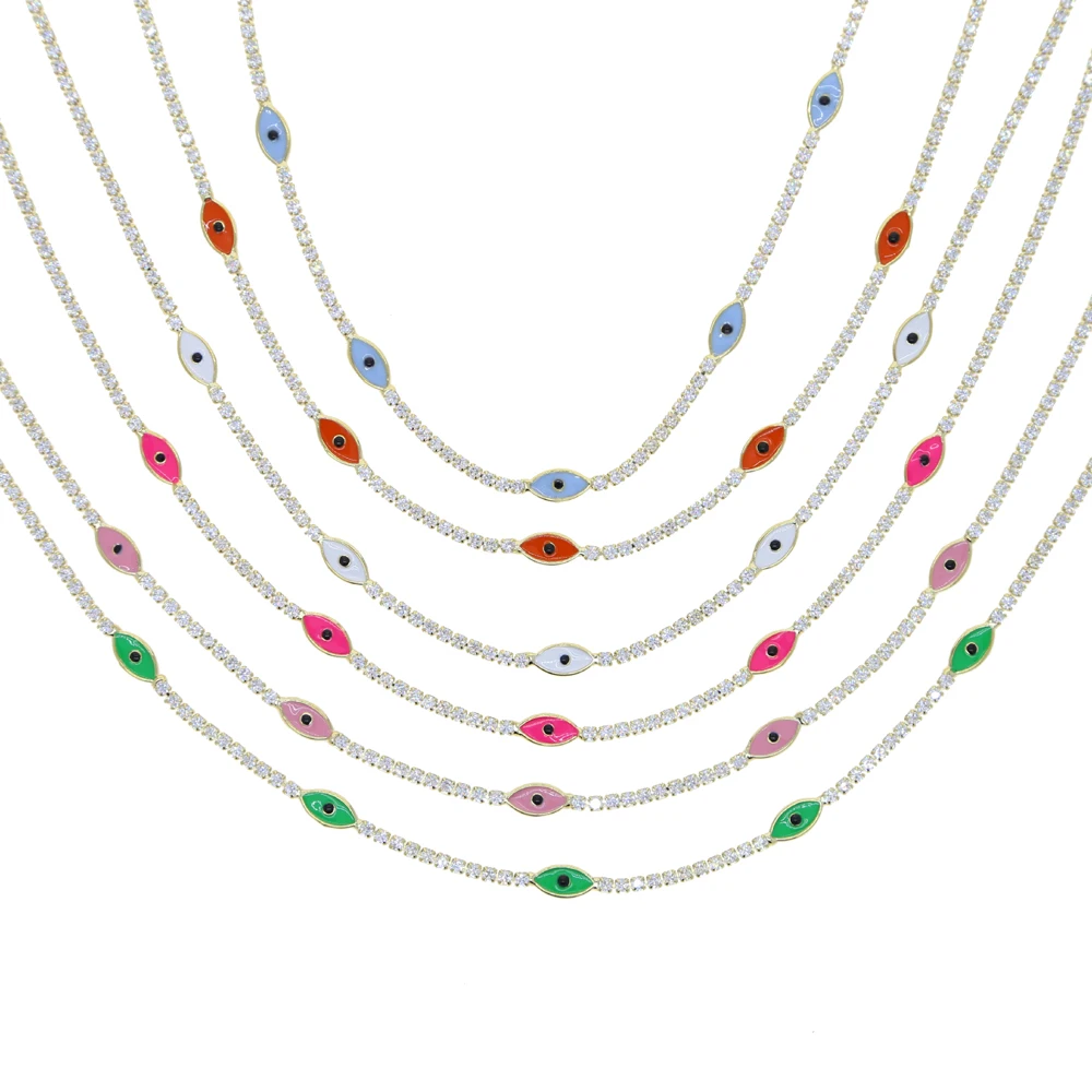 

2021 Summer New Colorful Rainbow Jewelry Neon Enamel Evil Eye Charm Tennis Choker Necklace