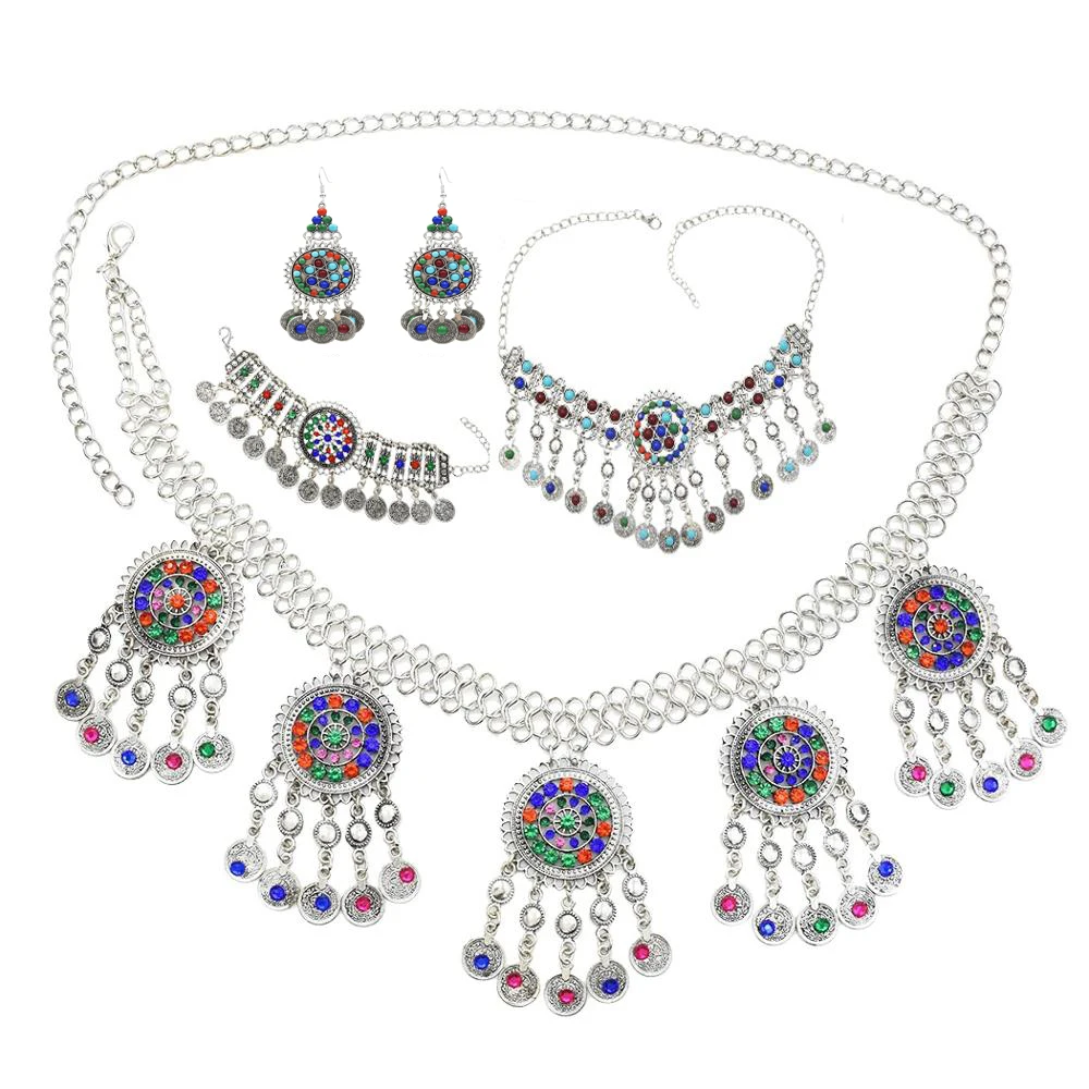 Gypsy Afghan Серебряная монета ожерелье с кисточкой Jhumka серьги браслет талия танец