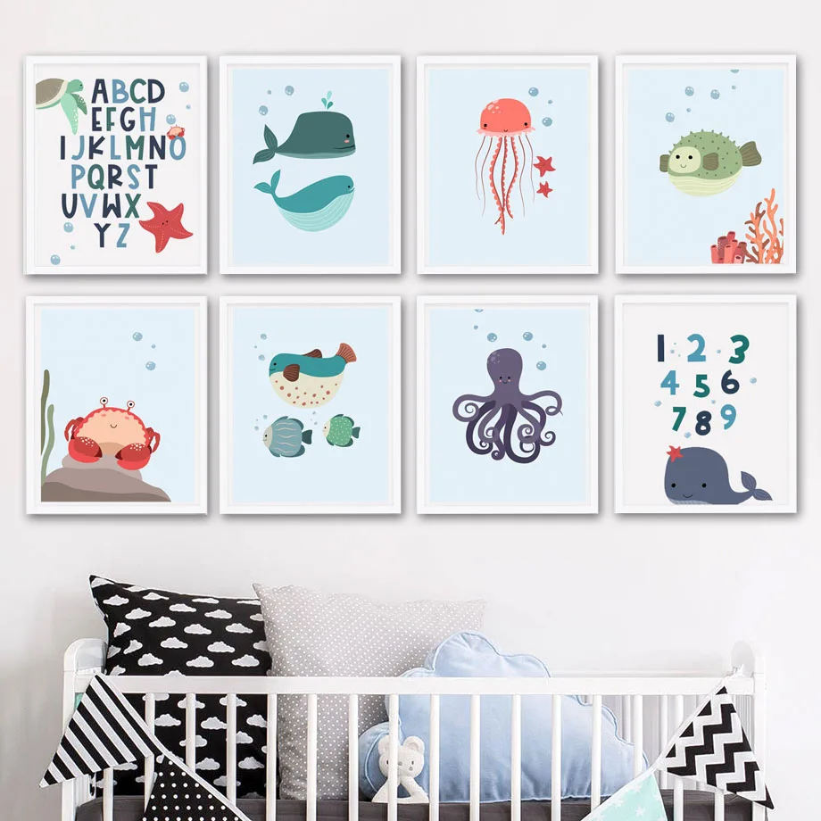 

Альфа-цифровой осьминог, медуза, холст, живопись, настенное искусство, скандинавские плакаты и принты, картины для гостиной, детской комнаты...