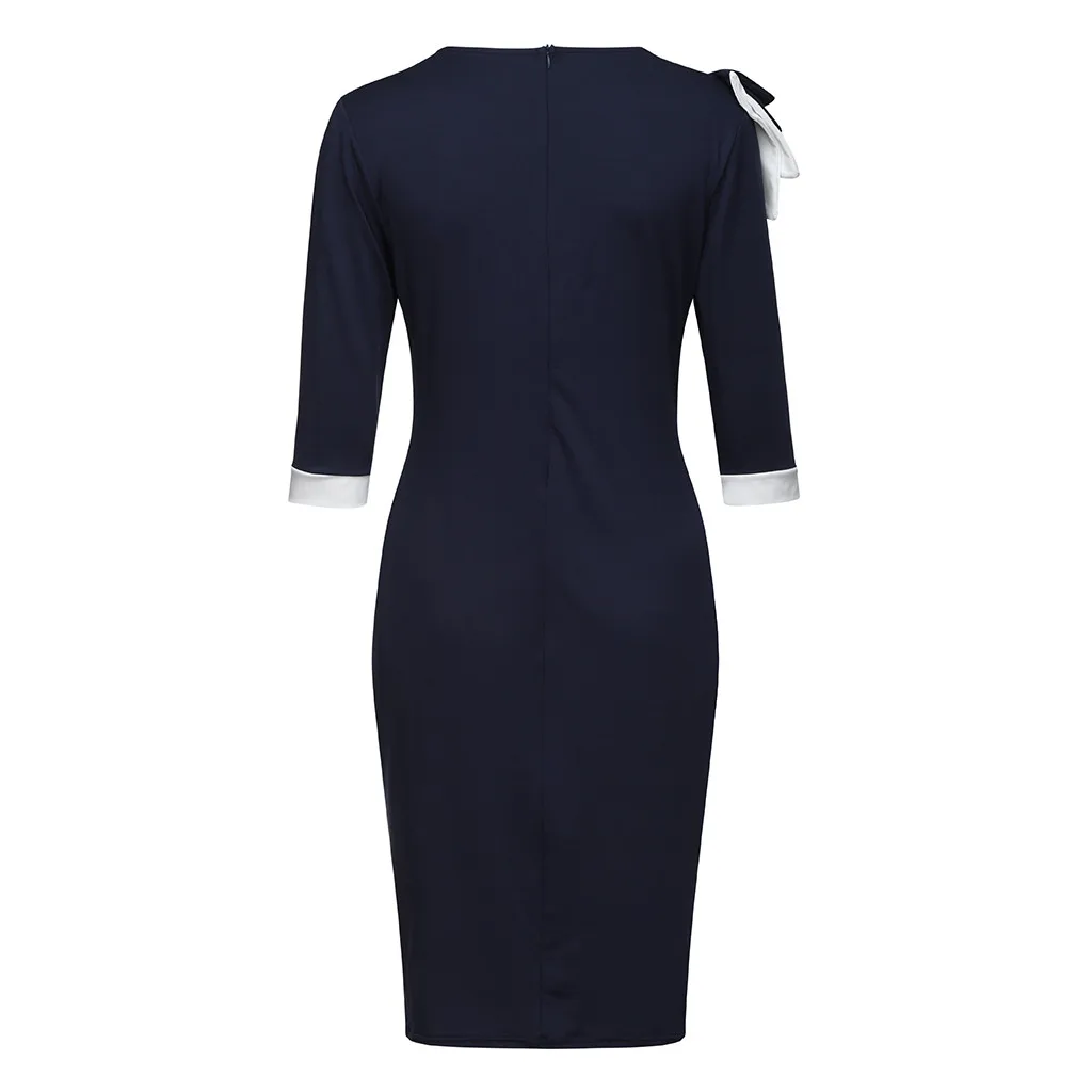 Women Dress Plus Size Casual Bowknot Shoulder Color Block Patchwork 3/4 Sleeve Sheath Dress Ol Work Vintage Dress Vestidos E1