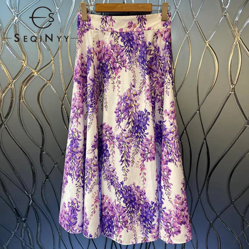 SEQINYY 100% Cotton Skirt Summer Spring New Fashion Design Women Runway High Quality Purple Flowers Print A-Line Midi Elegant