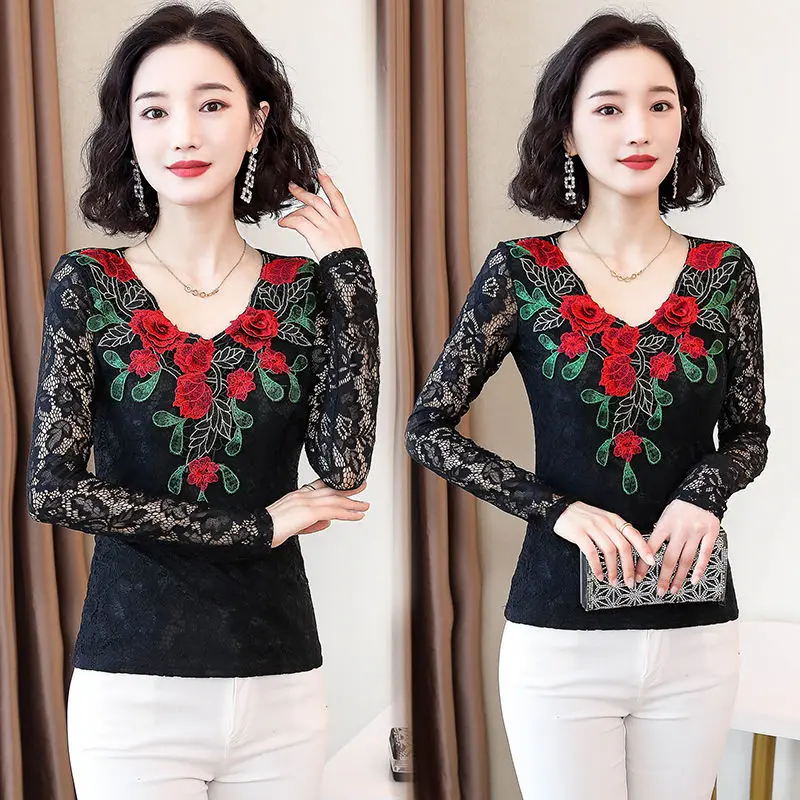 Black Lace Top Blouse Long Sleeve Plus Size Women Shirt Elegant Embroidery Hollow out Slim Autumn 2020 | Женская одежда