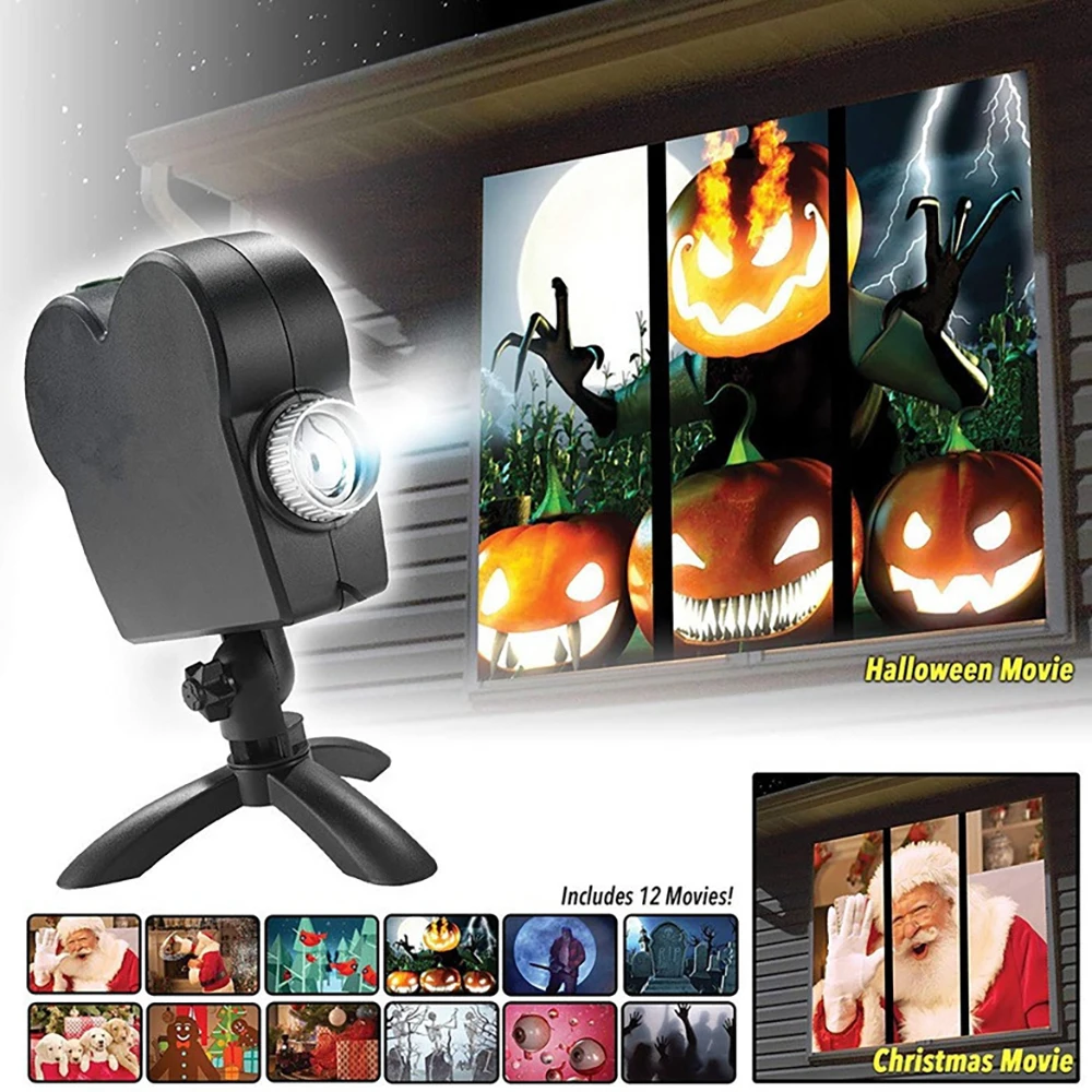 Фото Рождественский Хэллоуин лазерный проектор 12 фильмов диско свет мини окно