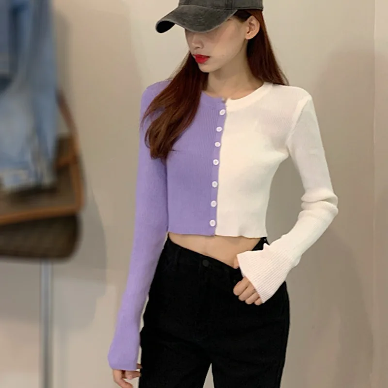 

Women O-Neck Small Coat Solid Color Contrast Slim Casual Navel Exposed Long Sleeve Knitted Cardigan Tops Patchwork Clothes