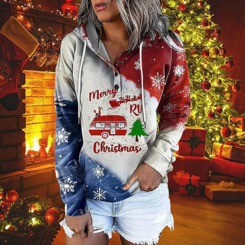 

Fashion Drawstring Long Sleeve Pullover Tops Christmas Moose Pattern Print Casual Hooded Sweatshirt Fall Winter Women Sweatshirt