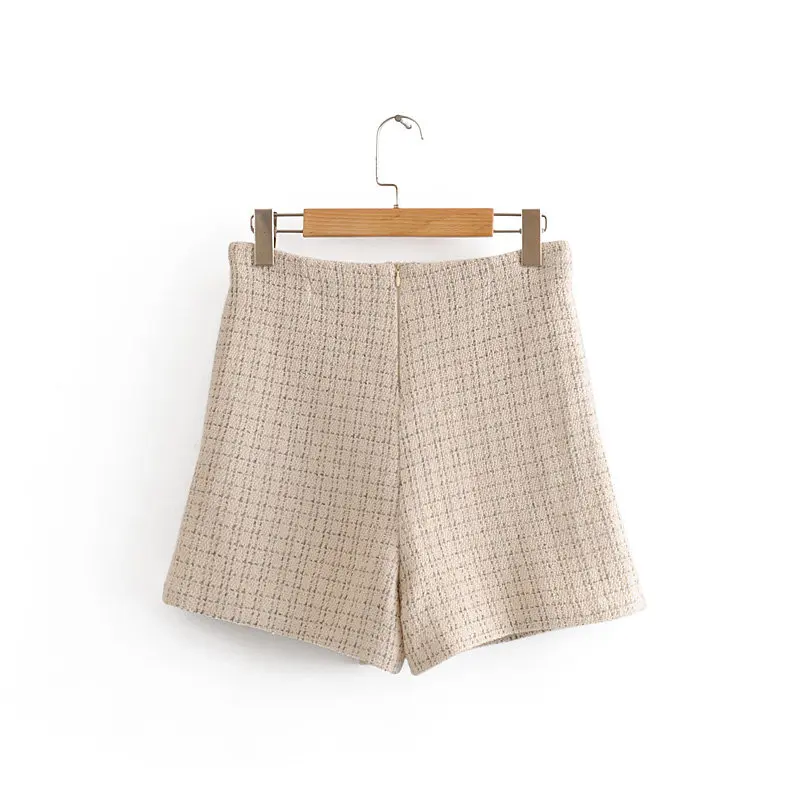 

TMODA673 Za Women 2021 Chic Fashion Office Wear Tweed Shorts Skirts Vintage Back Zipper Pockets Female Short Pants Mujer