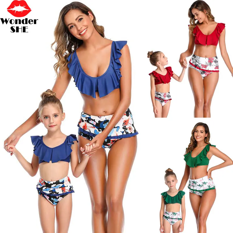 Купальный костюм с оборками для мамы и дочки купальный короткими рукавами бикини