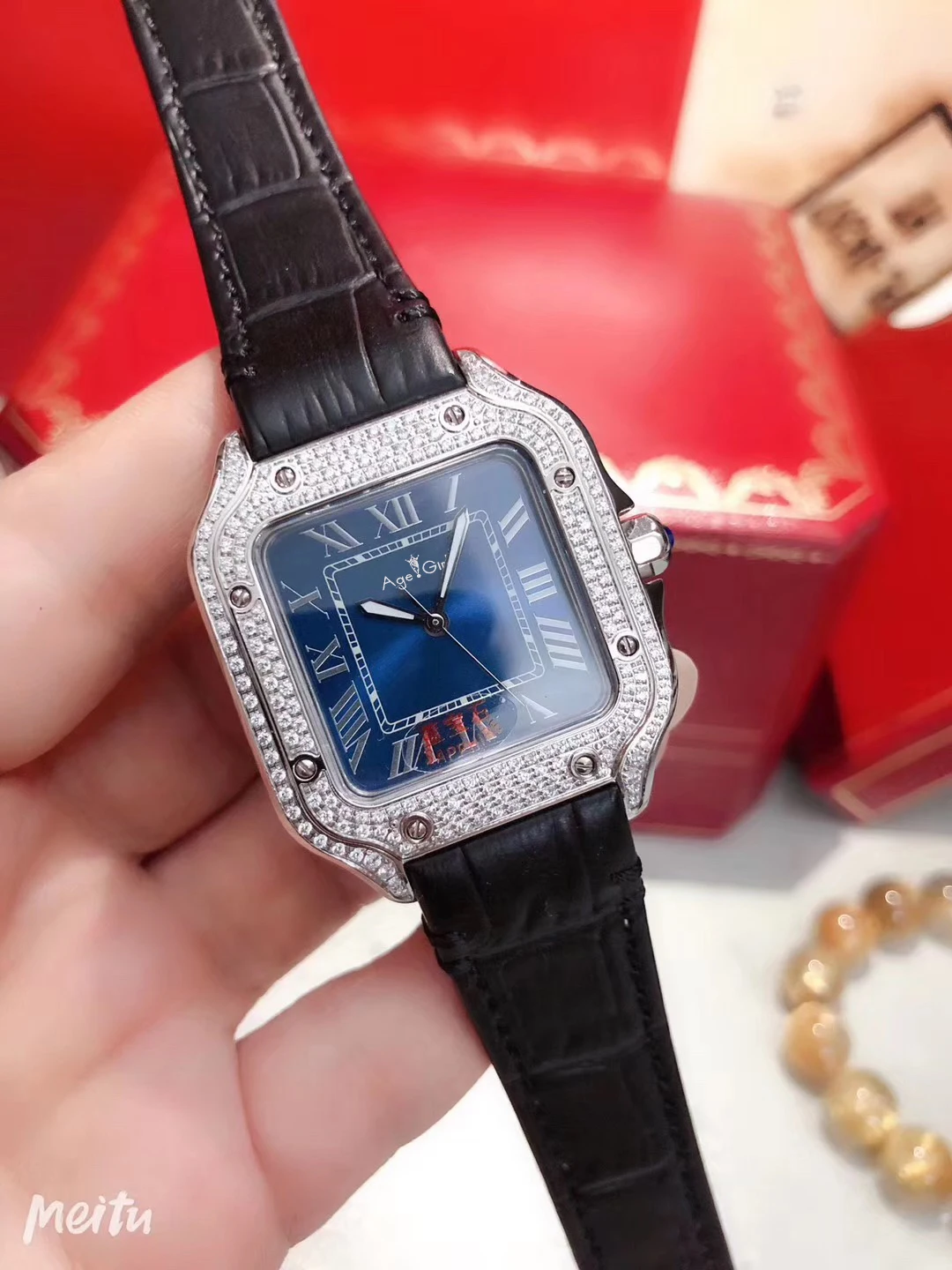 

Luxury Brand New Men Silver Full Diamonds Bezel Black Blue Leather Stainless Steel Japanese Quartz Rome Sapphire Square Watch