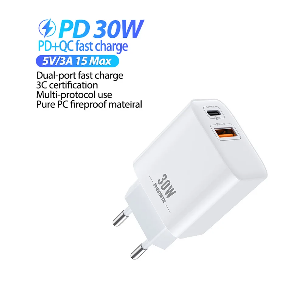 

Remax 30W Quick Charger Type C Qc 3.0 Pd Wall Mount Phone Charger for CN US EU UK IPhone13 12/12 mini/12 Pro/12 Pro Max/11