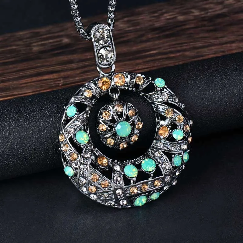 colorful stone SINLEERY Ретро черная циркониевая большая полая круглая Подвеска длинное ожерелье Черная цепочка для женщин массивные ювелирные аксессуары MY011 - Окраска металла: colorful stone