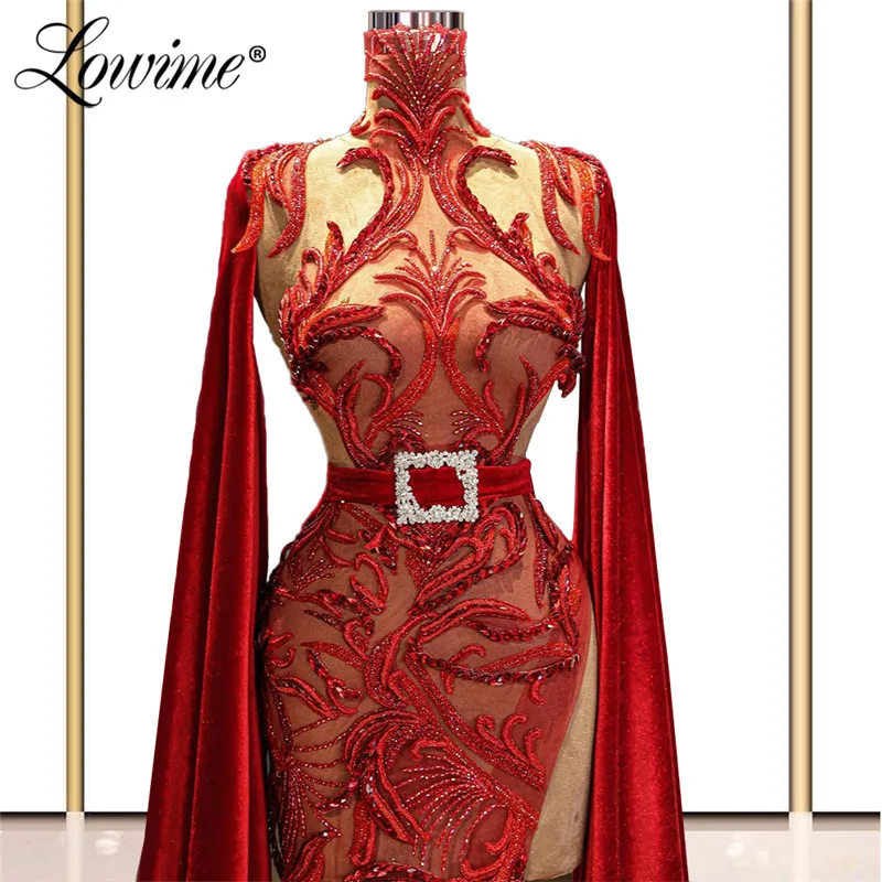 

Lowime Elegant Dubai Evening Dresses Long Capped Sleeves Party Dress Mermaid Velvet Prom Gowns Beaded Vestidos Evening Wear Robe