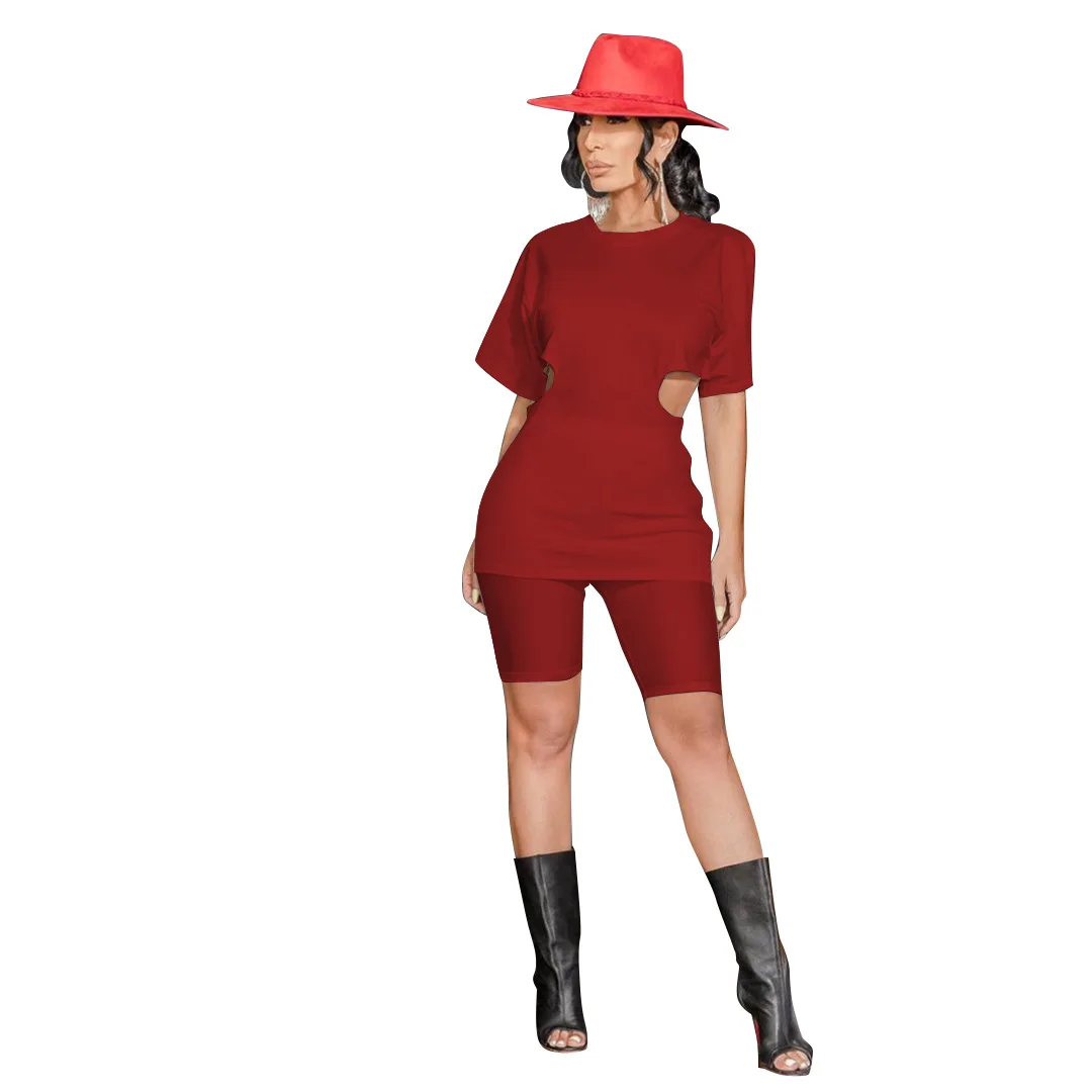 

Amazon international station summer fashion cut out zipper solid color two piece set of European and American women's cross-bord