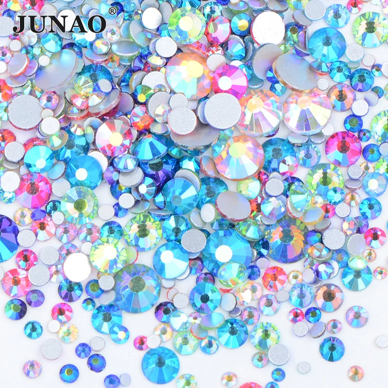 

JUNAO 1400pcs Mix Size Mix AB Color Glass Nail Rhinestones Sticker Flat Back Nail Art Crystal Loose Non Hotfix Strass Decoration