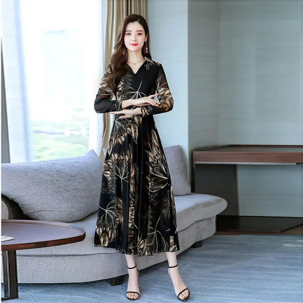 Женское Платье трапециевидной формы длинное с v образным вырезом и цветочным