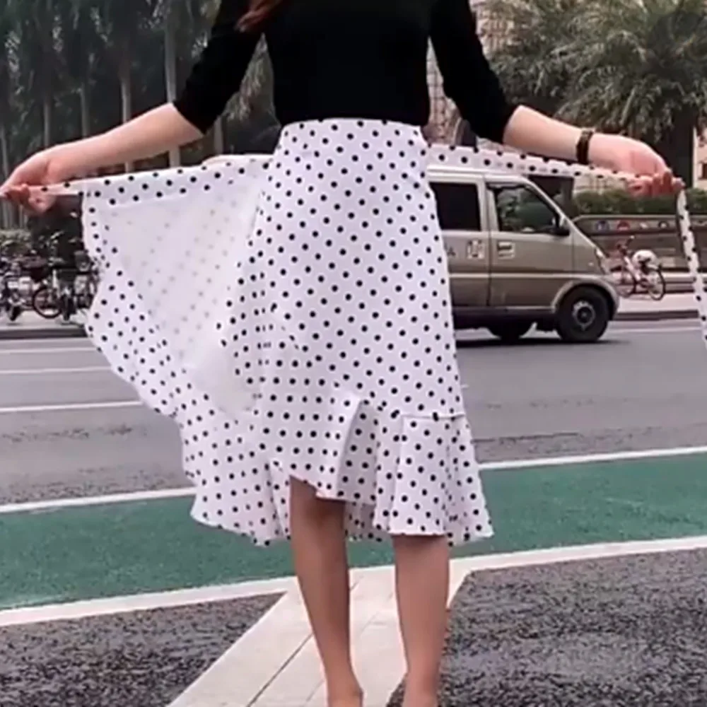 

Summer Women's High Waist Fishtail Skirt A Piece of Polka Dot Comfortable Casual Fashion Irregular Flounce Strap Wrap Dress